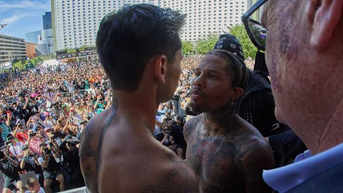 Davis and Garcia face off in front of thousands of fans at the final weigh-in on April 21, 2023 in Las Vegas. (Esther Lin/SHOWTIME)